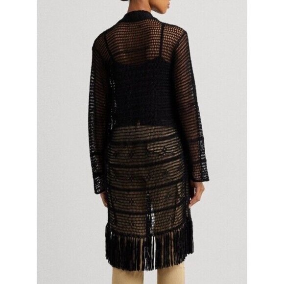RALPH LAUREN XL Women's Pointelle Knit Linen Blend Cardigan $245 Fringe Black - Picture 5 of 15